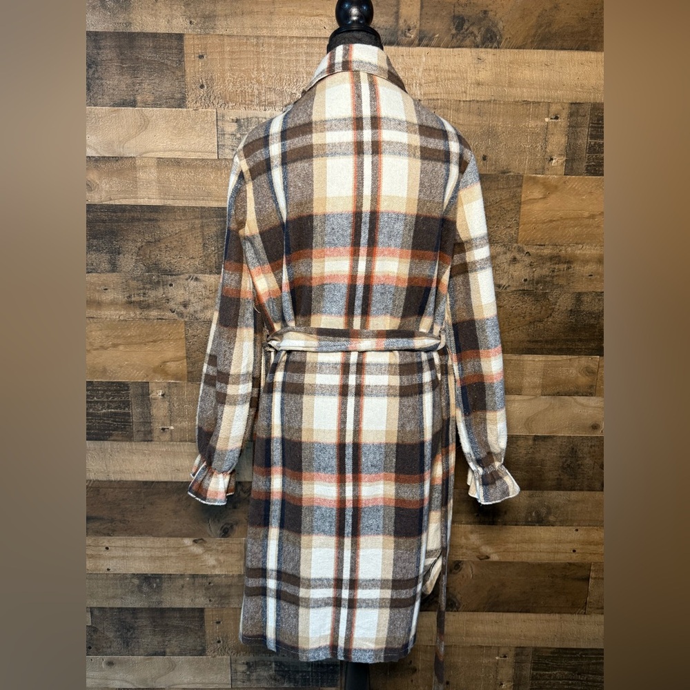 Plaid Women's Ivory Brown Red Belted Jacket Blazer Pea Coat Large L CT - Picture 3 of 4